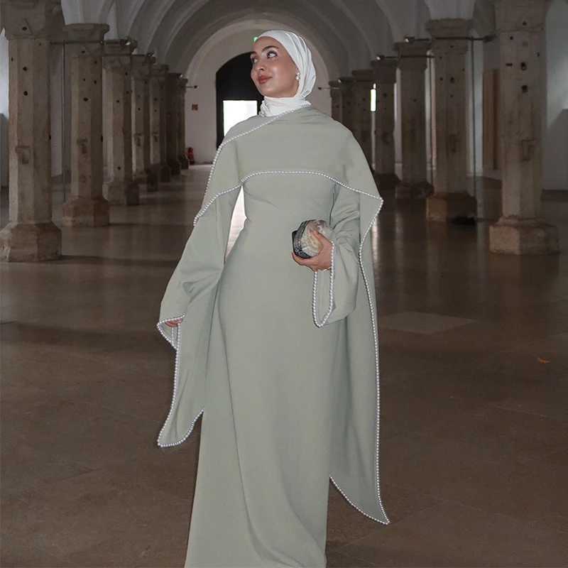 Sleep Lounge Women's White Pearl Trim Cape Maxi Dress Women Elegant Long Sleeve Cinched Waist Muslim Robes 2026 Spring EID Abaya Lady DressesC260