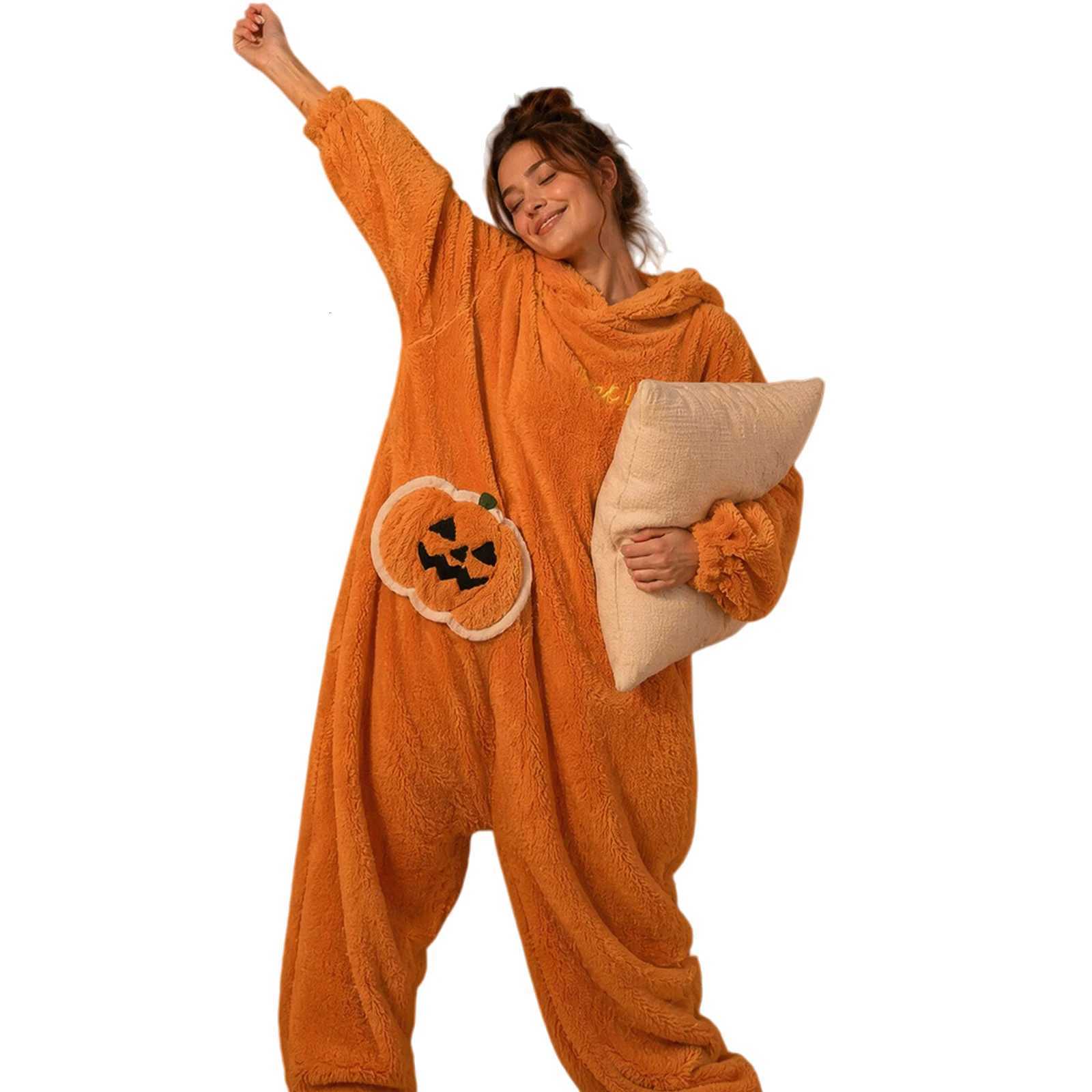 Sleep Lounge Women's Halloween Pumpkin Onesie for Women Fleece Lined Thick Warm Jumpsuit Cartoon Pajamas with ShoesC260924 - view 4