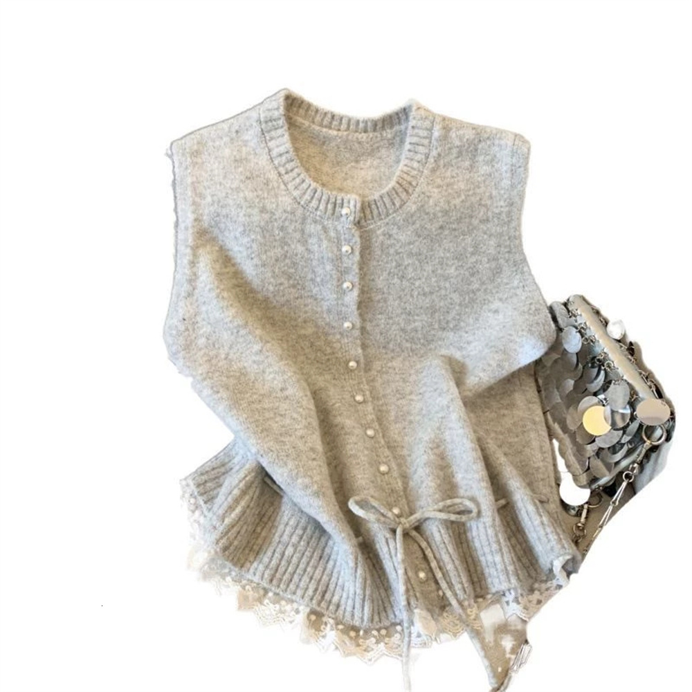 2026 Korean Fashion O Neck Solid Spliced Lace Strap Sweater Loose Casual Soft Preppy Style Outwear Vest for Women tops - view 7