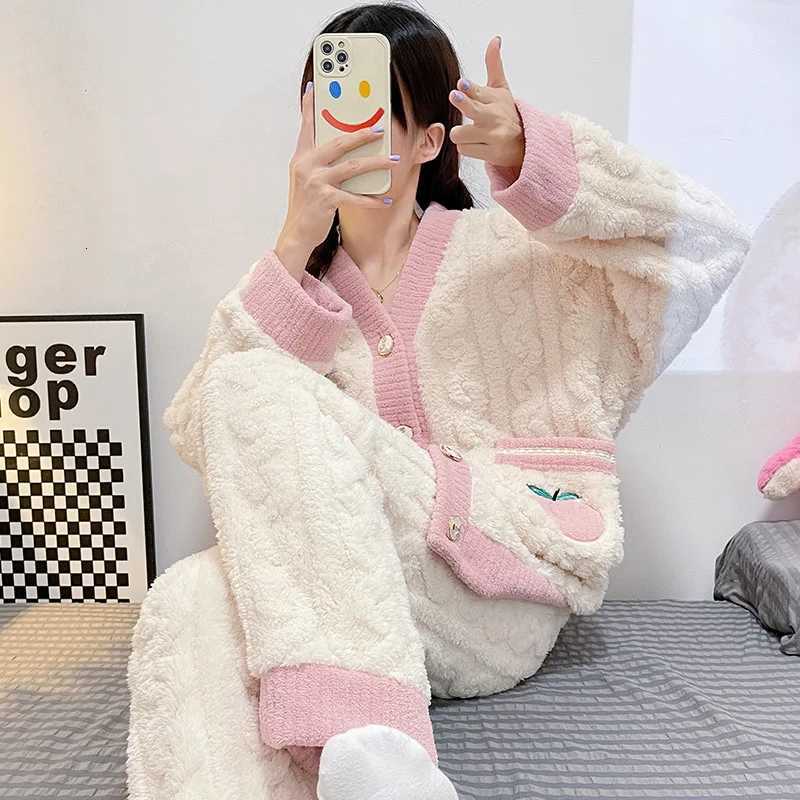 Lounge Women's Sleep Thickened Warm Pink Peach Coral Velvet Pajamas 2PCS Set Winter Ladies Cardigan Nightwear Homewear Sweet Sleepwear Loungewear - view 6