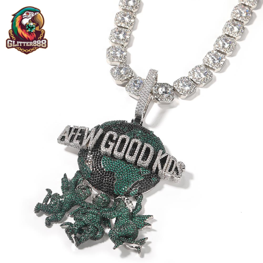 Hip Hop Three Angel Pendants Trendy Pendant Colorful Moissanite Round Pendant Jewelries Green Blue Rapper Necklace
