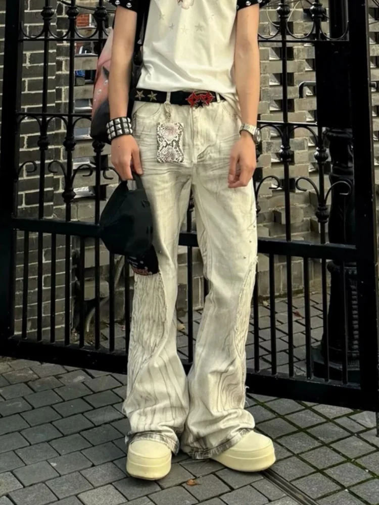 2026 Punk Y2K Style Dirty Washed White Patchwork Baggy Flared Stacked Jeans Pants For Men Clothing Streetwear Goth Long Trousers 260923 - view 4