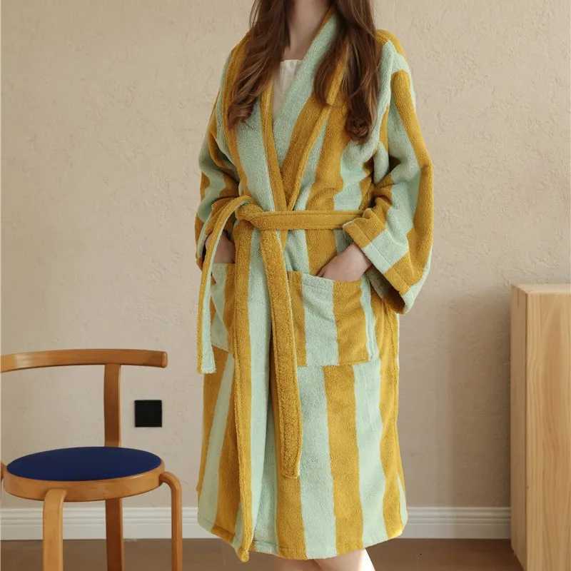 Lounge Women's Sleep Cute Striped Cotton Bathrobe Super Soft Absortion Hooded Loose bath Robe Coat Towel V Neck warm Sleepwear Robes Women Homewe
