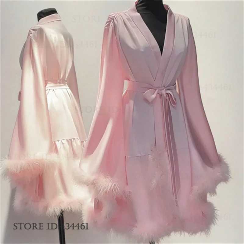 Lounge Women's Sleep Luxury Feathers Bride Wedding Robe Dress Elegant Big Sleeve Female Bathrobe Kimono Gown Nightgown Silky Satin Homewear Pajam - view 3