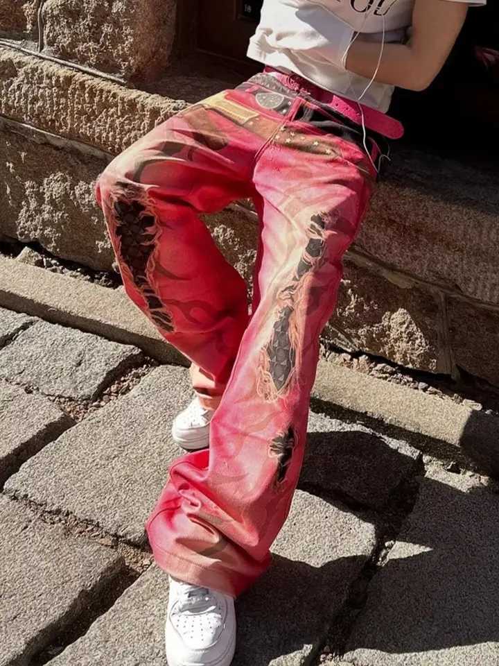 Men's Jeans Y2K American Vintage Personalized Mottled Totem Print Baggy Jeans Men's High Waist Wide Leg Jeans Trendy Hip-hop Jeans H260924