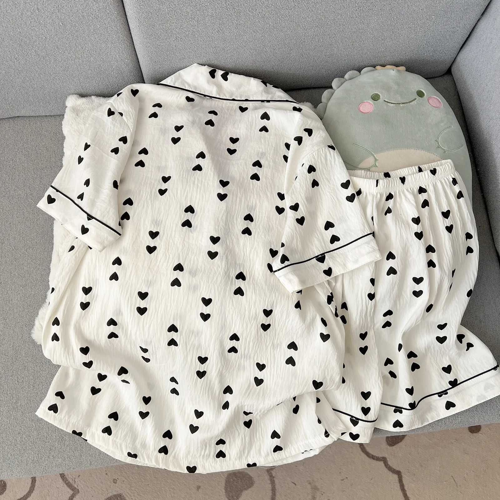 Women's Sleep Lounge 2026 Pajamas Women's Summer Short-Sleeved and Shorts Cute Cartoon Cardigan Ladies Sleepwear Homewear Love Print Breatha - view 4