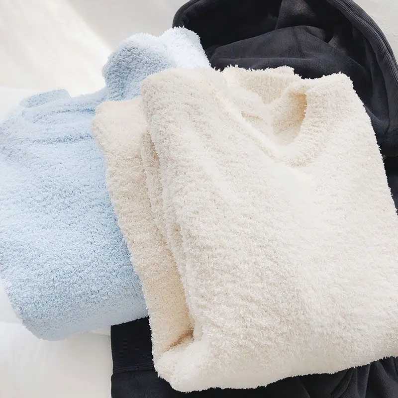Women's Sleep Lounge Women's Fluffy Pajamas Tops Round Neck Solid Long Sleeve Pullovers Sleep Shirt Warm Thickened Comfort Soft Homewear H26