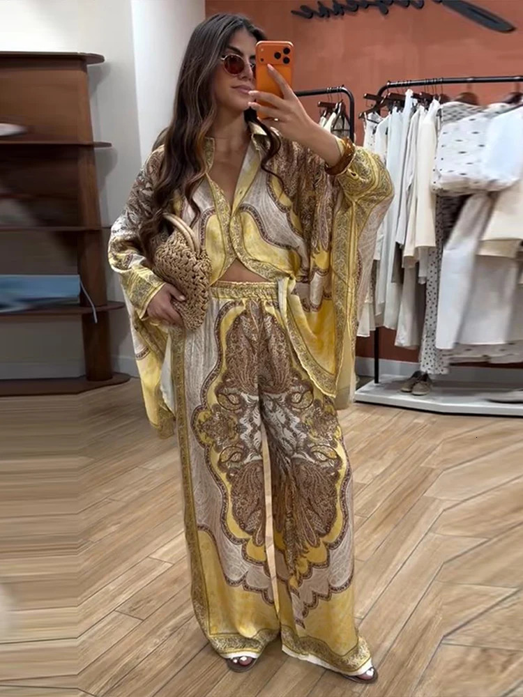 Paisley Print 2 Piece Set Batwing Long Sleeve Collared Button Down Blouse High Waist Wide Leg Trousers 2026 Summer Fashion Suit 260923 - view 7