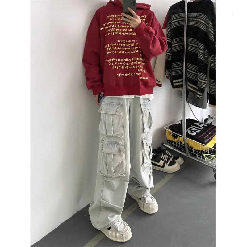 Men's Jeans Light Blue Cargo Jeans Men's Patchwork Straight Casual Trousers Men Muti-pockets Hip Hop Streetwear Loose Fashion Pants H260924 - view 5