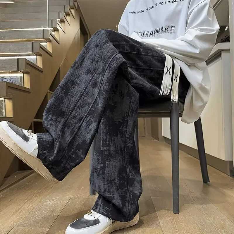 Men's Jeans Summer Men's Tie-dye Corduroy Straight-leg Pants Hip Hop Fashion Drawstring Baggy Trousers New Y2K Streetwear Gym Sweatpants H26 - view 6