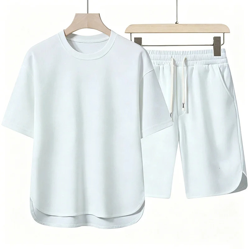 Men Solid Color Casual Tracksuit Set Loose Curved Hem Short Sleeve TShirt Drawstring Elastic Waist Shorts Street Sports 260911 - view 3