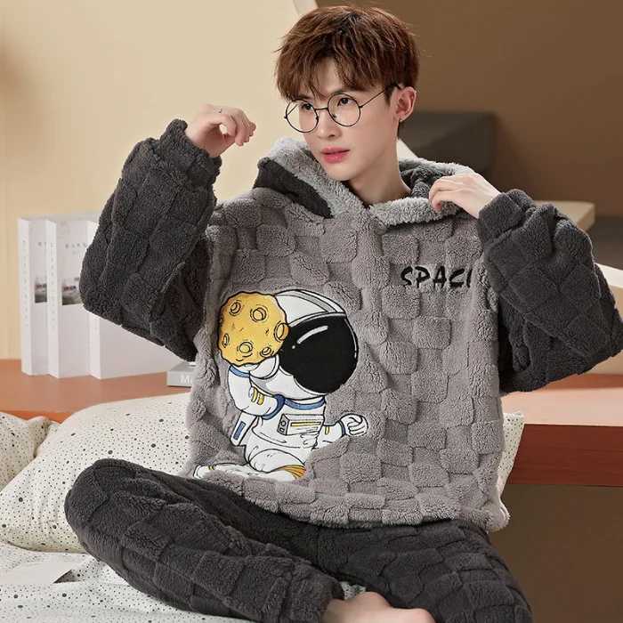 Lounge Women's Sleep Cute Fleece Pajamas For Men Thick Plush Hooded Pyjamas Winter Male Sleepwear Coral Velvet Warm Flannel Home Pants Clothes Pi - view 5