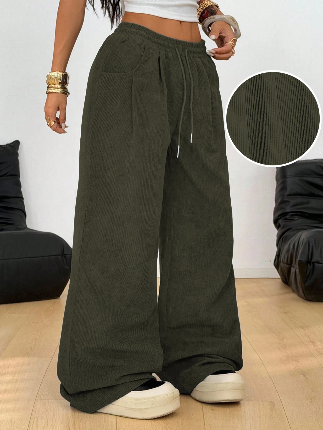 Womens Retro Corduroy Cargo Pants Casual Drawstring Straight Sports Pants Drape Daily Commuting Wide Leg Pants 260924 - view 3