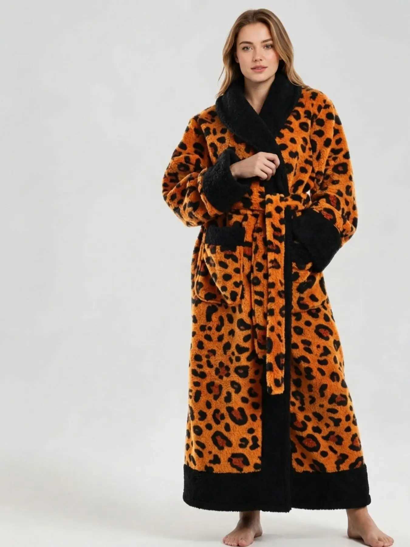 Lounge Women's Sleep Autumn Winter Leopard Print Coral Fleece Robe Sleepwear Thicken Flannel Bathrobe Nightwear Loose Casual Homewear LoungewearC - view 7