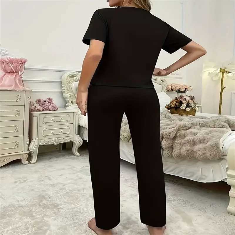 Women's Sleep Lounge Pyjamas Set for Women's Black Short Sleeve Printed Cat Trousers Student Loungewear Pullover Round Neck Girl Sleepwear H - view 4