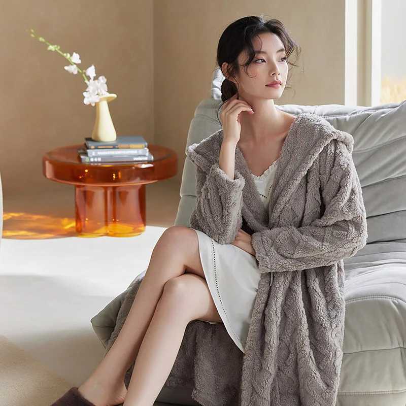 Lounge Women's Sleep Autumn Winter Hooded Women Coral Fleece Long Nightgown Sleepshirts Home Dress Sleepwear Keep Warm Nightdress Indoor Clothes  - view 7