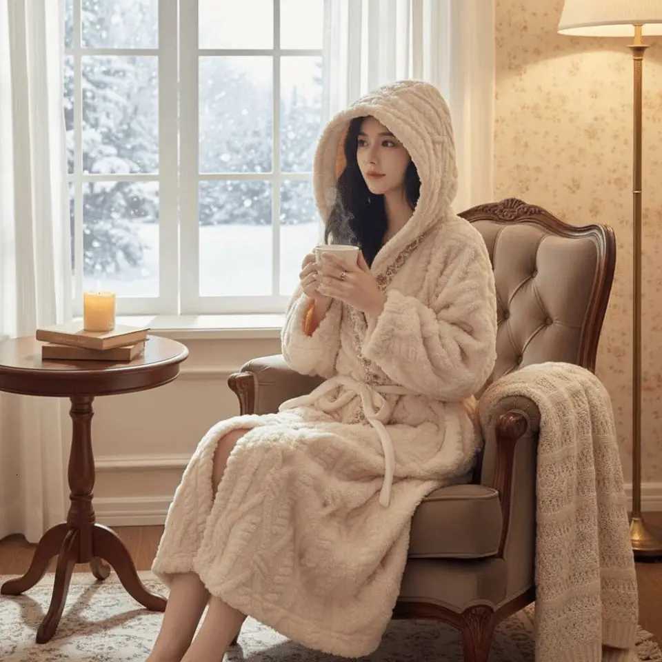 Lounge Women's Sleep Cute Flower Coral Fleece Sleepwear Plush Thick Warm Flannel Long Sleeves Night-robe Winter Sweet Pajamas Robe Women GiftsC26 - view 6