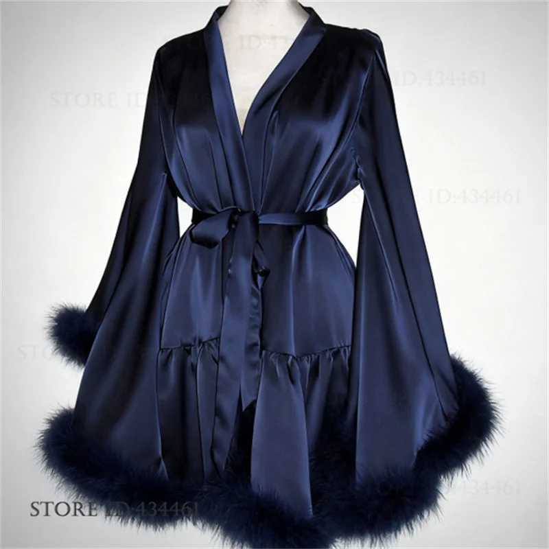 Lounge Women's Sleep Luxury Feathers Bride Wedding Robe Dress Elegant Big Sleeve Female Bathrobe Kimono Gown Nightgown Silky Satin Homewear Pajam