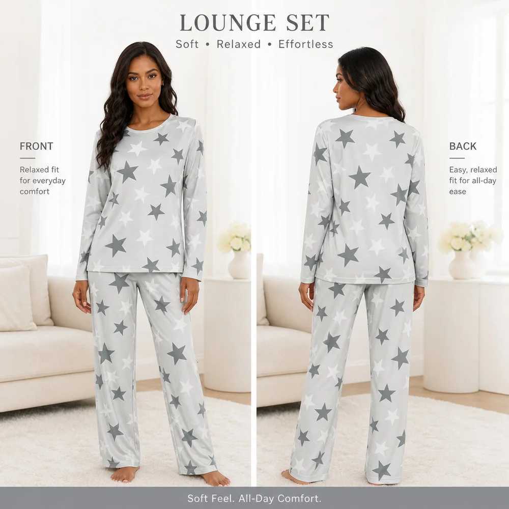 Women's Sleep Lounge Women's Four-Season Spring and Summer Long-Sleeved Pajamas Casual Comfortable and Cute Star-Printed Long-Sleeved Pants  - view 4