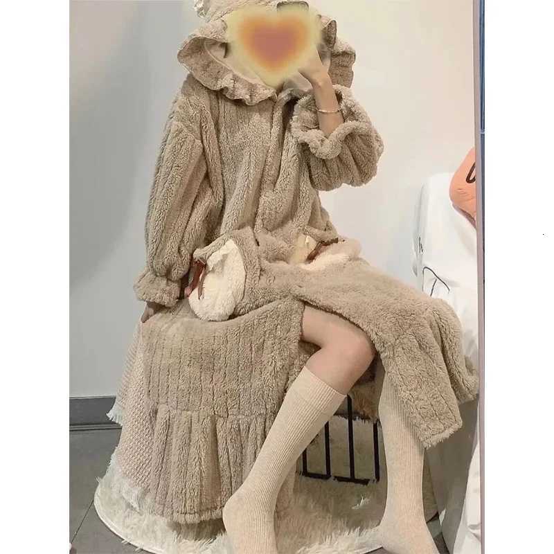Lounge Women's Sleep Women's Winter Bathrobe Hooded Thick Warm Ladies Flannel Dressing Gown Solid Cute Korea Style Night Wear Bath Robe for 