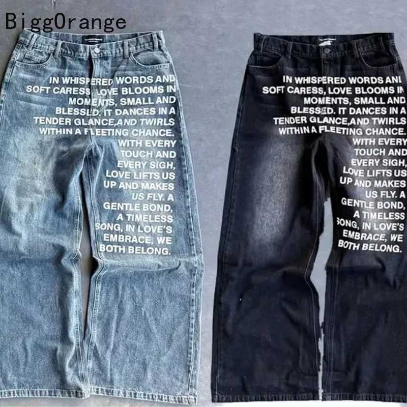 Men's Jeans 2025 American Fashion Jeans Letter Pattern High Street Casual Wide Legs Y2K Men's RETRO GoTHic Trendy Casual Pants H260924 - view 4