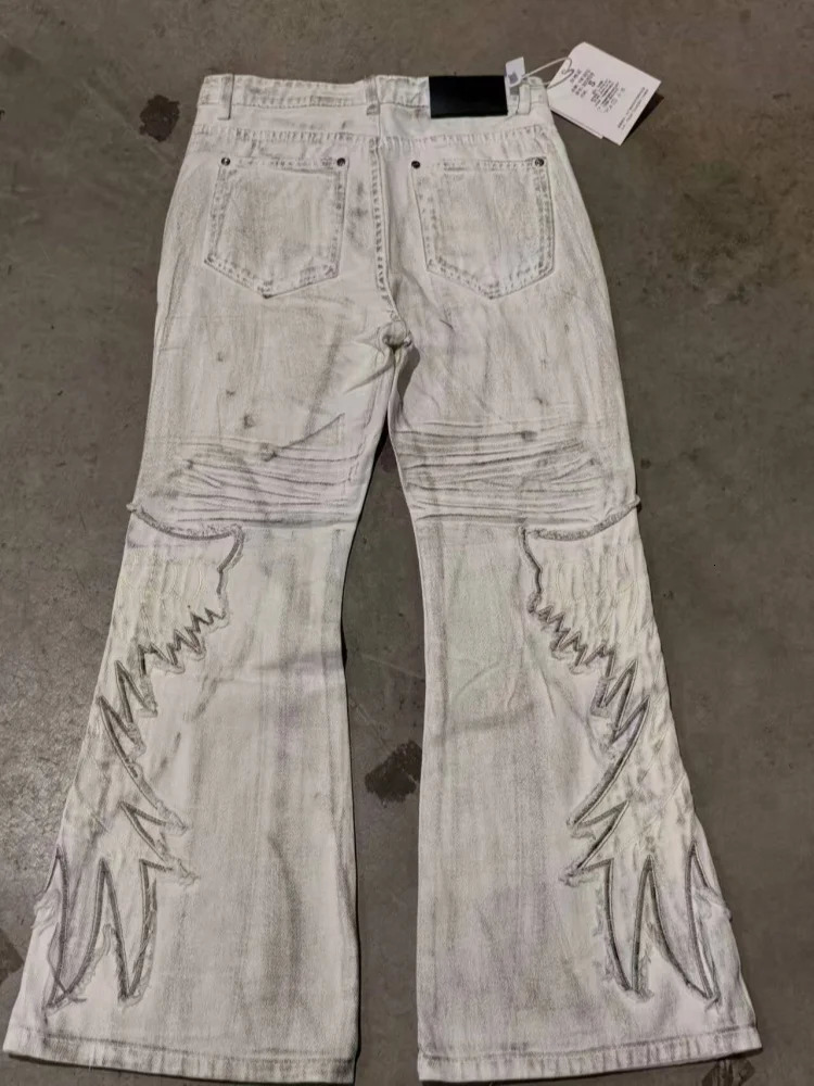 2026 Punk Y2K Style Dirty Washed White Patchwork Baggy Flared Stacked Jeans Pants For Men Clothing Streetwear Goth Long Trousers 260923 - view 7