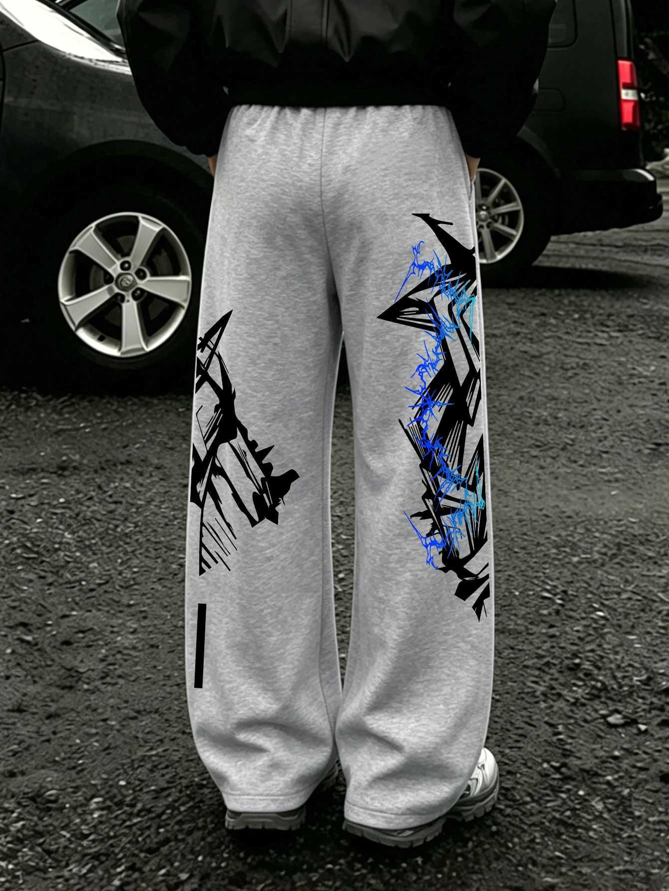 Men's Pants Y2K Abstract Blue Graffiti Geometric Print Mens Baggy Wide Leg Sweat Pants Loose Straight dr1 Hip Hop Street Joggers D260924 - view 3