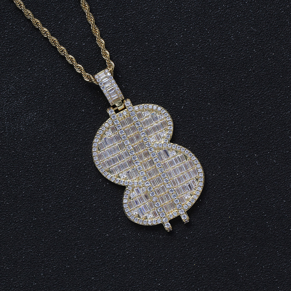 Personalized Hip Hop Jewelry Gold Silver Color Bling Moissanite Iced Out Baguette Moissanite Dollar Sign Pendant Necklace for Men - view 4