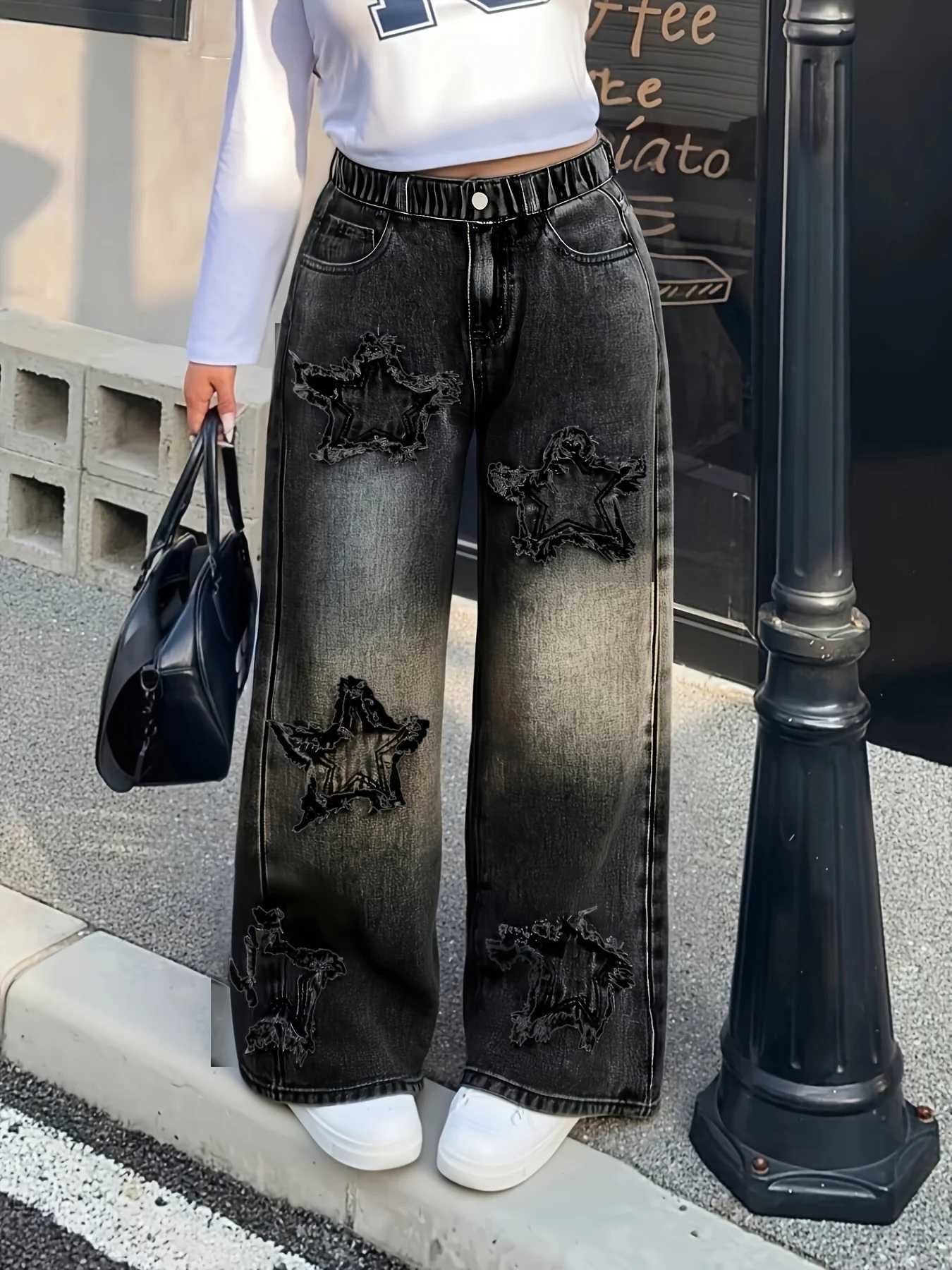 Men's Jeans Y2K Washed Fabric Five-Star Pattern Patchwork Denim Straight-Leg Pants Versatile Trendy All-Seasons.Full elastic waistband H260924