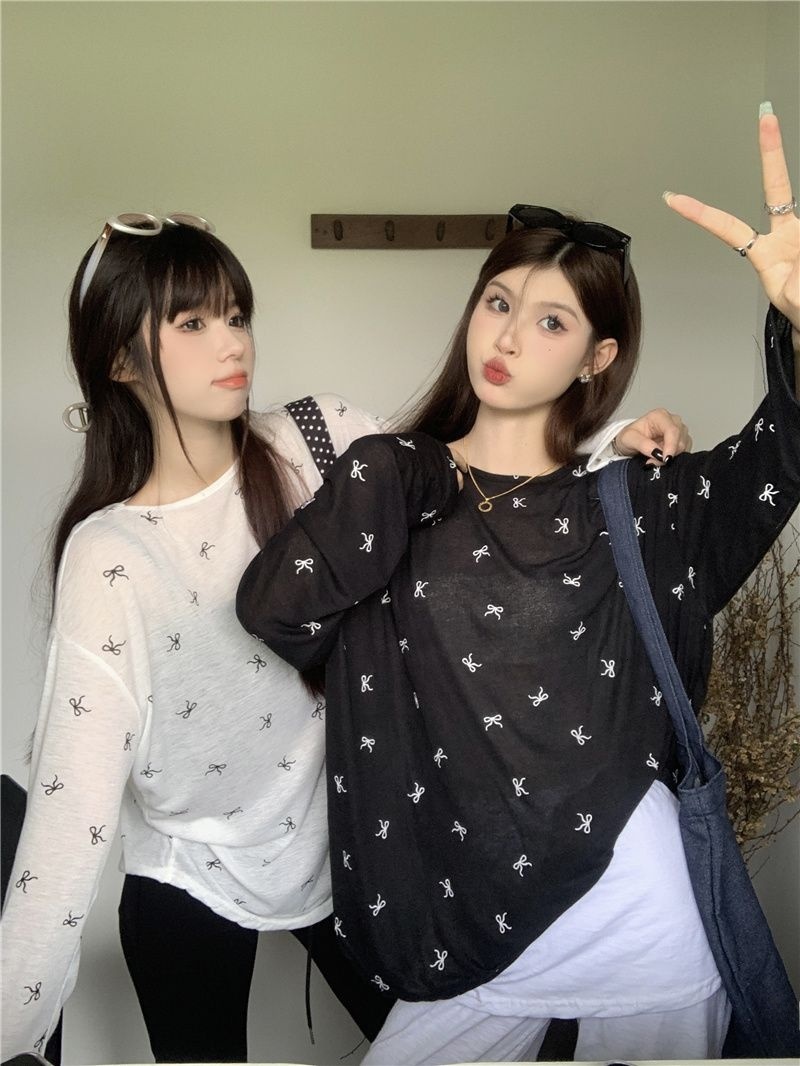 Ladies Summer Loose Long Sleeve T-Shirt Knot Print Ice Silk Thin Sun Protection Casual Top Breathable Moisture Wicking - view 6