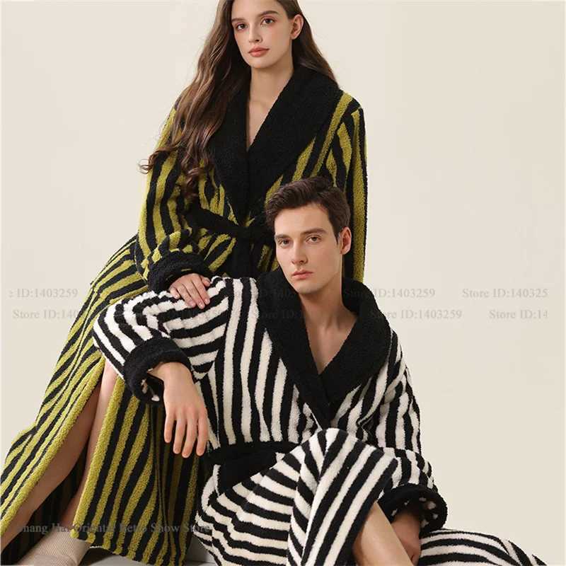 Lounge Women's Sleep Fashion Stripes Flannel Couple Long Robe Sleepwear Winter Warm Women Nightgown Bathrobe Loose Thick Coral Fleece Homewear Pa - view 3