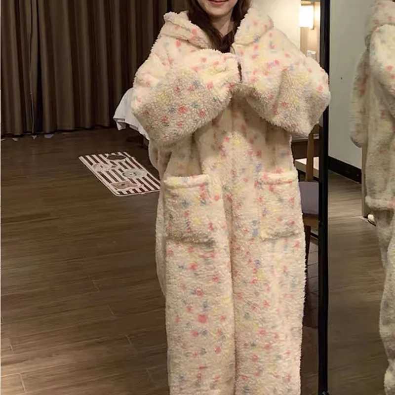 Lounge Women's Sleep Thickened Winter Pajamas Onesie Coral Fleece Hooded Sleepwear for Cute Girls Home Clothes Outdoor Cartoon Print Warm Homewea - view 6
