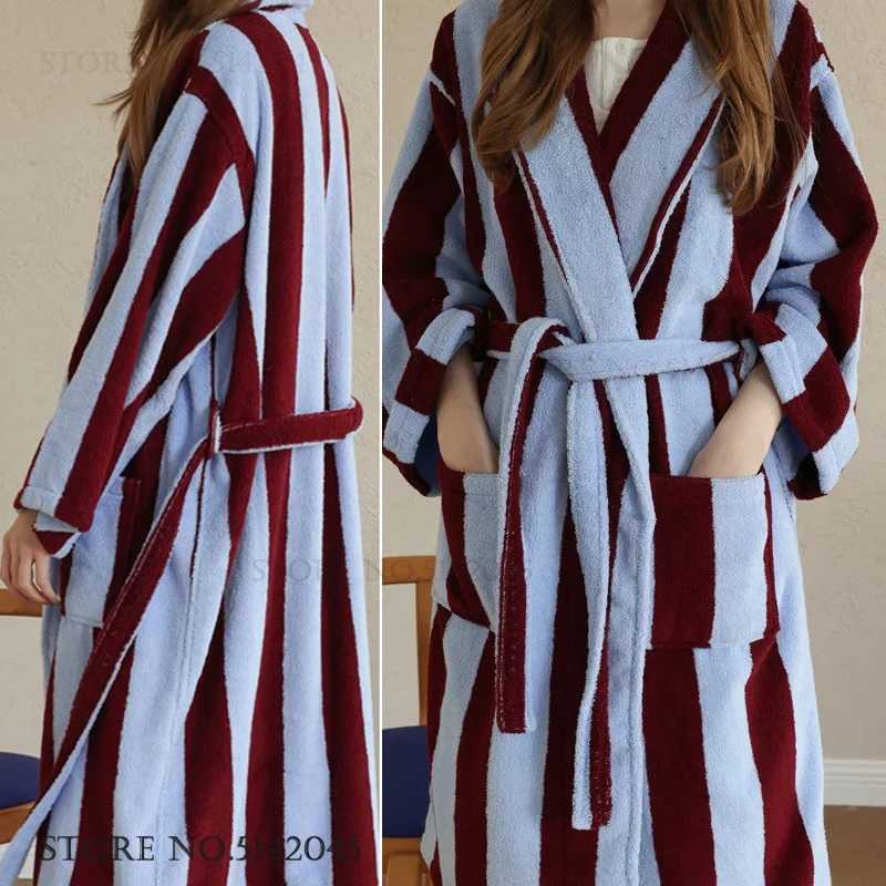 Sleep Lounge Women's Cotton Terry Bathrobe Women's Long Robe Kimono Gown Thicken Stripes Towel Sleepwear Homewear with Pocket Loose Loungewe - view 3