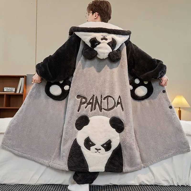 Lounge Women's Sleep Oversized Panda Pattern Men Winter Thick Flannel Pajama Set Hooded Robe with Paw Pockets Warm Soft Fleece Sleepwear Loungewe