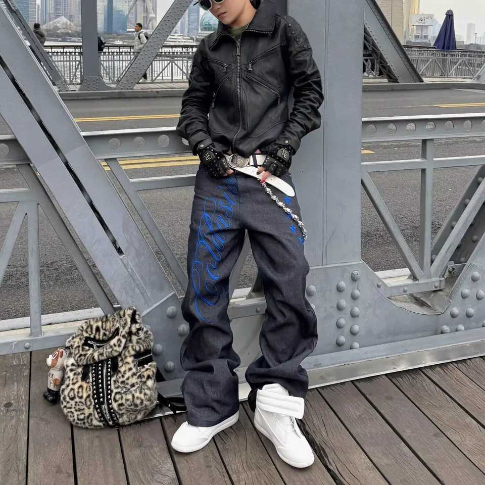 Men's Jeans High Street Gothic Embroidered Letter Cargo Men Blue Pattern Y2K High Waist Jeans Harajuku Retro Hip Hop Streetwear H260924 - view 3