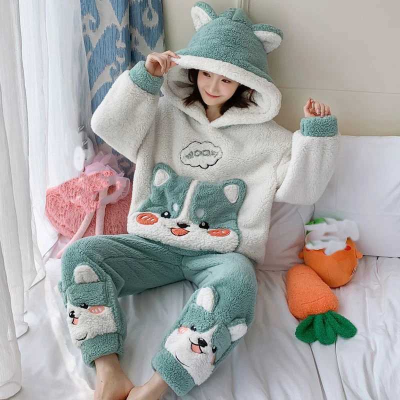 Lounge Women's Sleep Women Pajamas Set Thick Winter Flannel Homewear Female Girls Warm Sleepwear Tops Pants 2Pcs/set Girls Home Clothes Trouser S - view 3