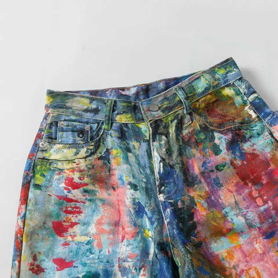 Men's Jeans Street Style Graffiti Baggy Jeans Men Distressed Rainbow Random Painting Pattern Straight Wide Leg Pants Hiphop Y2k Trousers H260924 - view 5