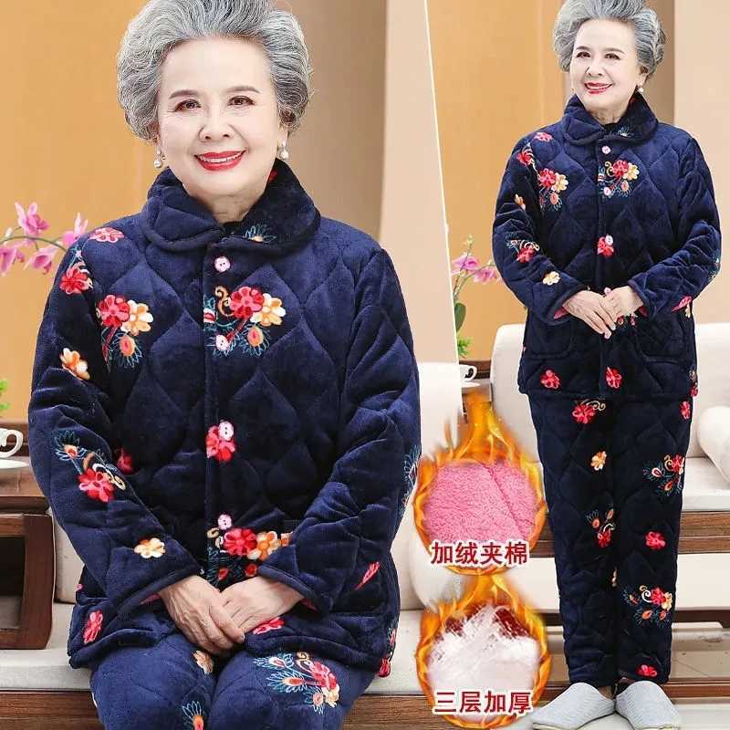 Lounge Women's Sleep Grandma Pajamas Three Layers Thickened Mother Home Clothes Elderly Women Coral Velvet Pajamas Sets Winter Suit Warm Pants 2P - view 3