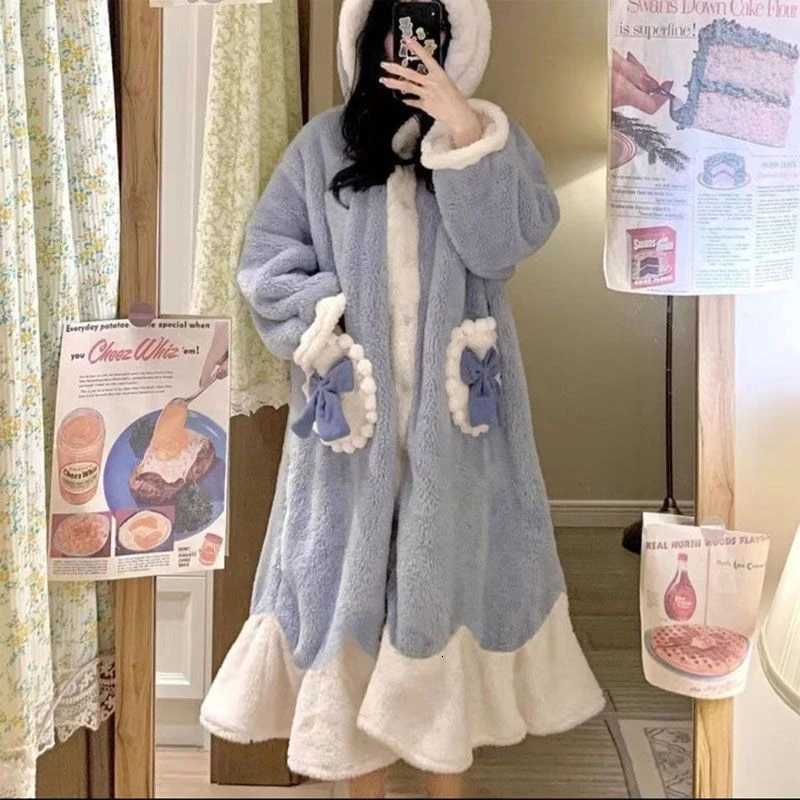Sleep Lounge Women's Cozy Blue Women Sleepwear Bow Hooded Long Fleece Nightgown Thick Plush Loungewear Kawaii Winter Warm Homewear TopC260924 - view 3