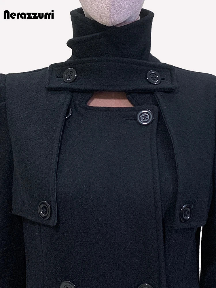 Nerazzurri Autumn Winter Long Black Elegant y Fitted Woolen Coat Women Puff Sleeve Double Breasted Wool Blends Overcoat 260911 - view 6