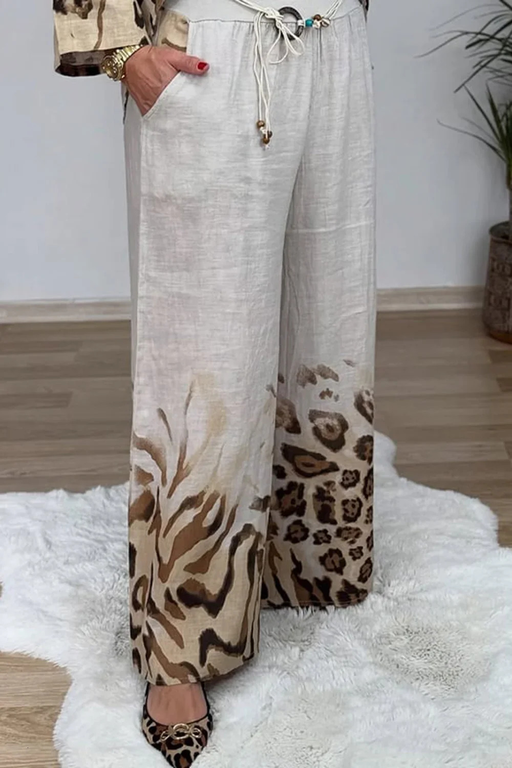 Women Casual Leopard Printed Plus Size Two Piece Pant Set Round Neck Vintage Long Sleeve Matching for Autumn 260928 - view 6