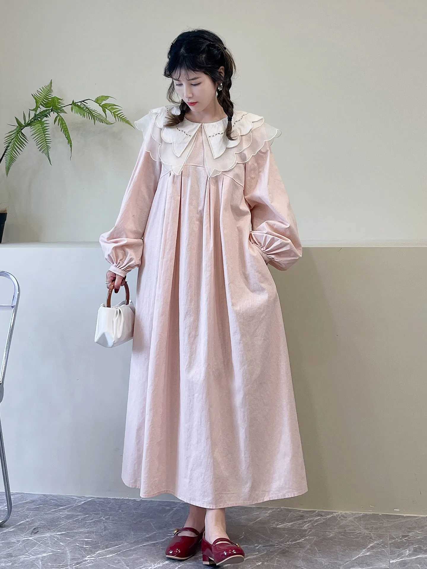 Lounge Women's Sleep Japanese Sweet Mori Girl Peter Pan Collar Patchwork Long Dress Women Spring Autumn Solid Color Long Sleeve Casual Loose Dres - view 3