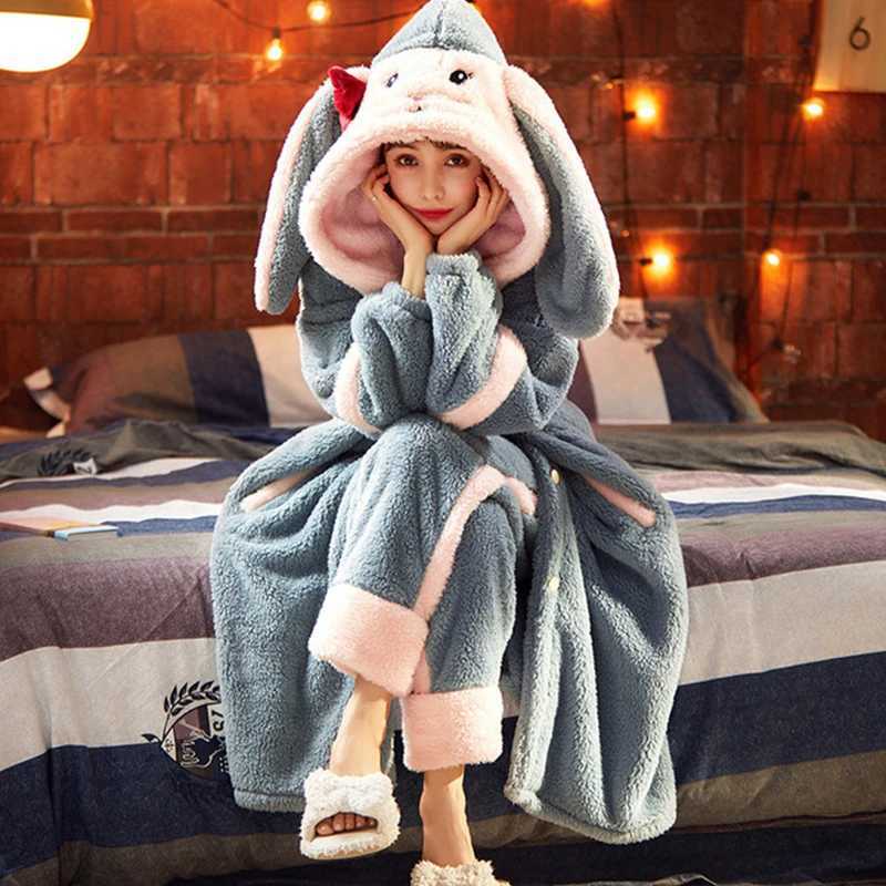 Lounge Women's Sleep Sweet Women Bathrobe Autumn Winter Thick Hooded Flannel Ladies Robe Fleece Girls Cute Long Dressing Gown for Female Homewear - view 6