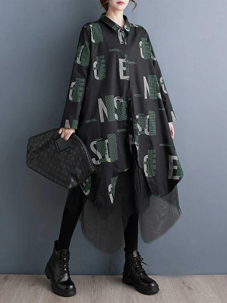 Lounge Women's Sleep Mesh Spliced Vintage Letter Print Shirt Dresses For Women New Long Sleeve Loose Casual Dress Fashion Elegant Clothes Autumn  - view 5