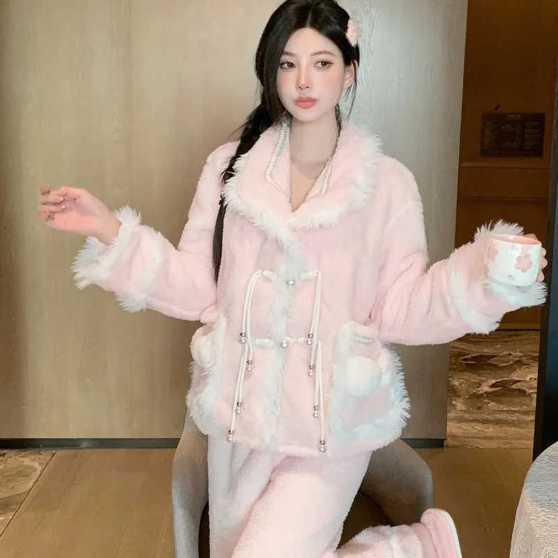 Sleep Lounge Women's Thick Coral Fleece Sleepwear Set Long Hooded Winter Home Clothes Sweet Cartoon Print Warm Home Suit Polyester Fiber Long Sle - view 7