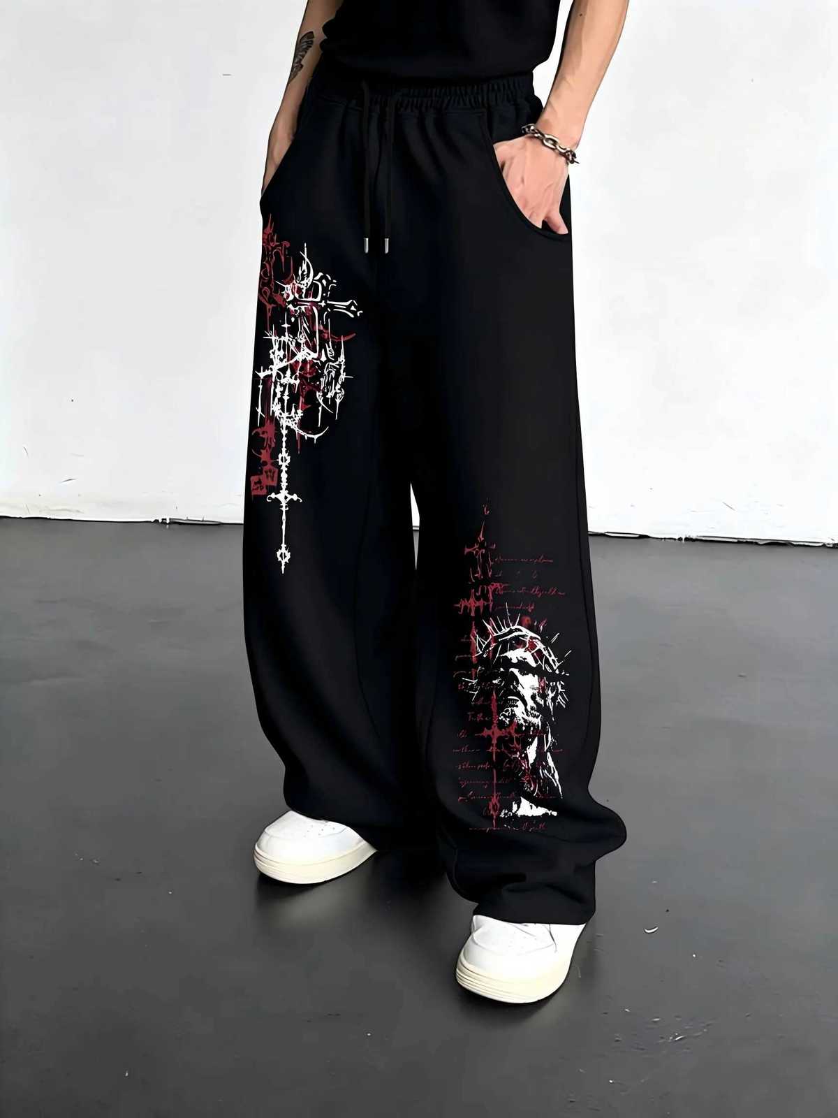 Men's Pants Gothic Dark Cross Sword Graffiti Straight Leg Jogger Trousers Unisex Men Women HipHop Streetwear Loose Casual Sport Pants D260924