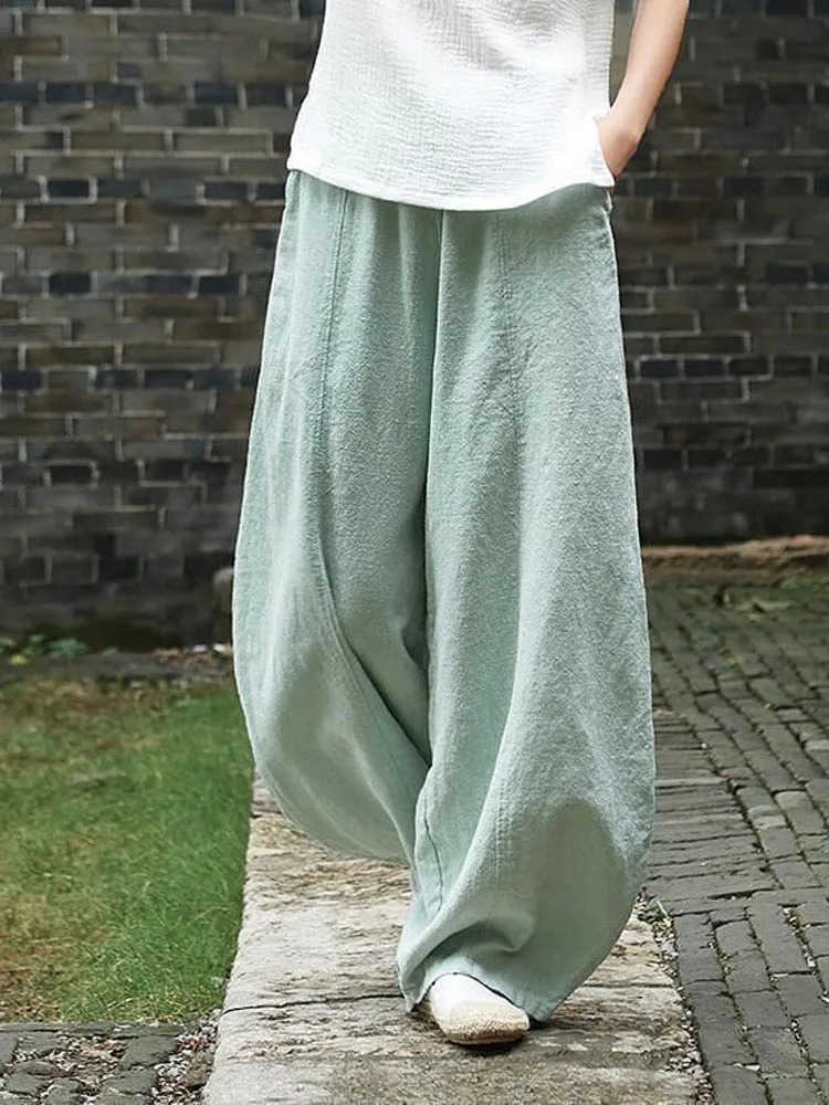 Cotton Linen Bloomers Wide Leg Pants Women Vintage Full Length Fashion Elegent Solid Elasitic Waist Spring Autumn 5XL 260928 - view 5