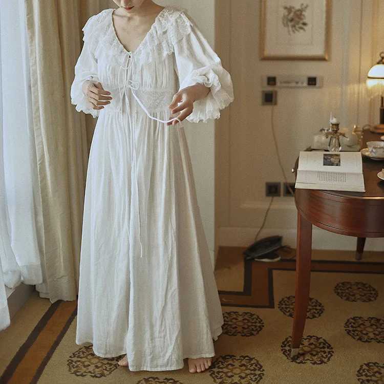Lounge Women's Sleep Women 100% Cotton Spring Autumn Elegant Long Sleeve 2 Pieces Nightgown Palace Court Style Retro Nightdress Morning Gown Robe - view 5