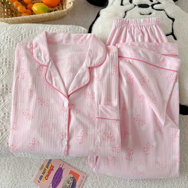Women's Sleep Lounge Spring and Autumn New Women's Pajama Home Clothes Set Pink Bow Collar Loose Pajama Home Clothes Long Sleeve Long Pants  - view 7