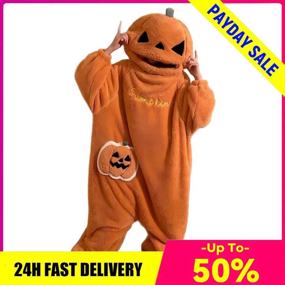 Lounge Women's Sleep Halloween Cartoon Pumpkin Onesie Women Fleece Thick Warm One Piece Pajamas Jumpsuit with ShoesC260924
